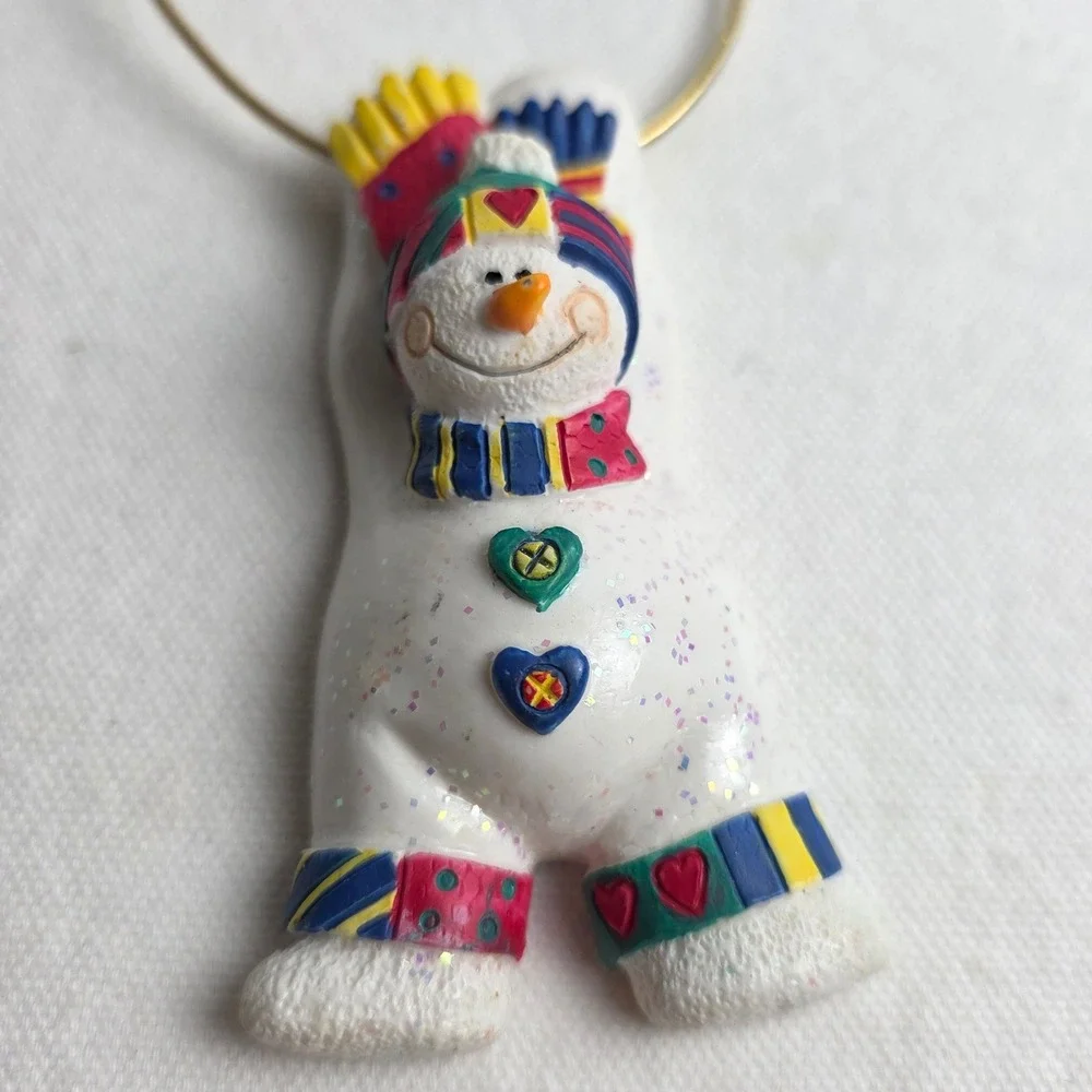 Avon 1998 Glittery Snowman Christmas Ornament Colorful Scarf Heart Buttons